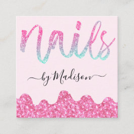 Glam Hot Pink Glitterdroppar Naglar Manikyr Salong Fyrkantigt Visitkort
