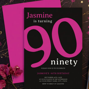 Glam Hot Pink Svart 90 Nittio Födelsedag Inbjudningar