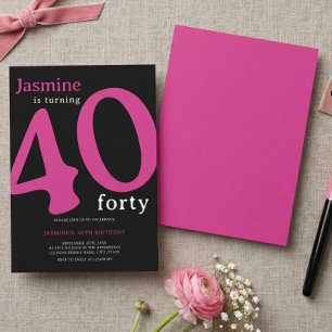 Glam Hot Pink Svart Chic 40-årsfirande Inbjudningar