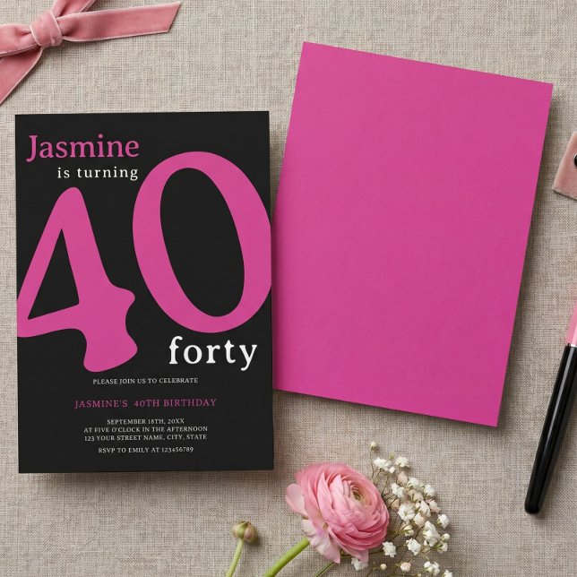 Glam Hot Pink Svart Chic 40-årsfirande  Inbjudningar (Skapare uppladdad)