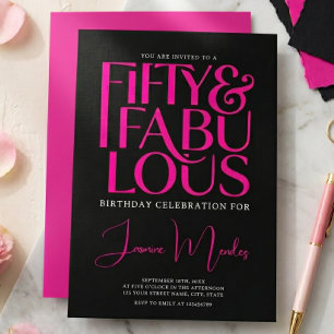 Glam Hot Pink Svart Chic 50 & Fantastisk Födelseda Inbjudningar
