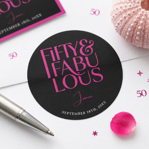 Glam Hot Pink Svart Chic 50 & Fantastisk Födelseda Runt Klistermärke