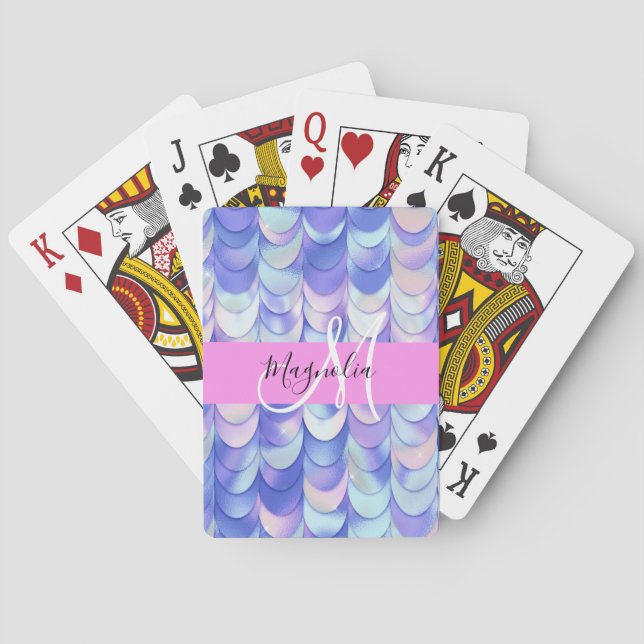 Glam Iridescent Blå Fiskfjäll Namn Monogram Casinokort (Baksidan)