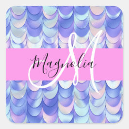 Glam Iridescent Blå Fiskfjäll Namn Monogram Fyrkantigt Klistermärke