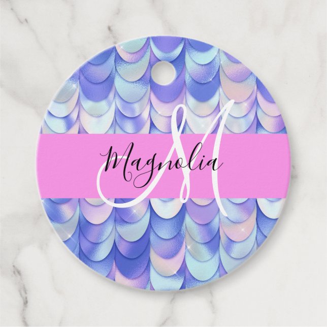 Glam Iridescent Blå Fiskfjäll Namn Monogram Gåvor Etiketter (Framsida)