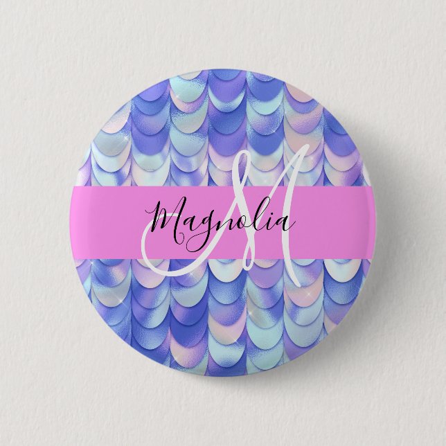 Glam Iridescent Blå Fiskfjäll Namn Monogram Knapp (Framsida)