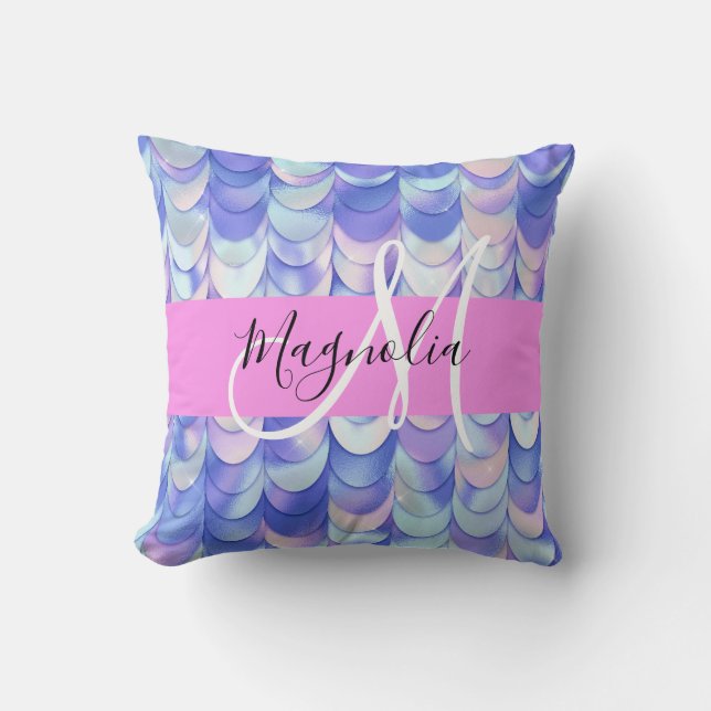Glam Iridescent Blå Fiskfjäll Namn Monogram Kudde (Framsida)