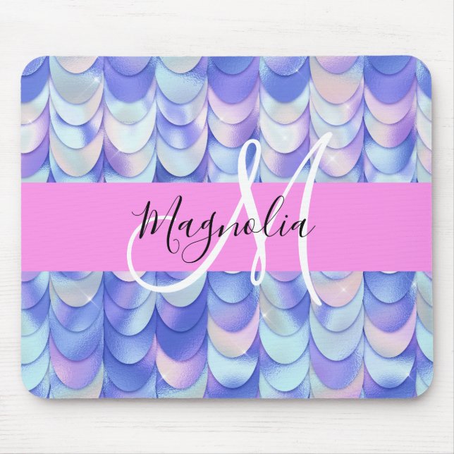 Glam Iridescent Blå Fiskfjäll Namn Monogram Musmatta (Framsidan)