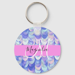 Glam Iridescent Blå Fiskfjäll Namn Monogram Nyckelring