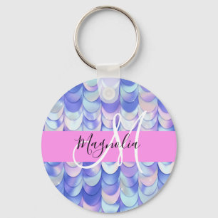 Glam Iridescent Blå Fiskfjäll Namn Monogram Nyckelring