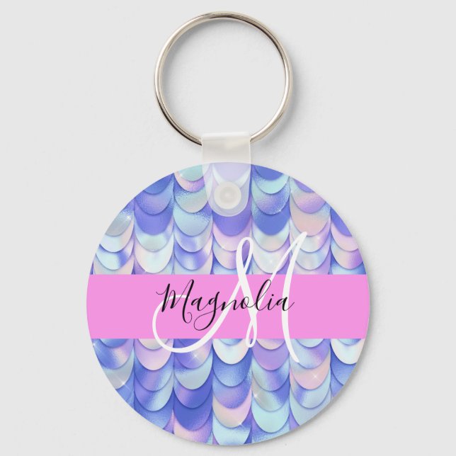 Glam Iridescent Blå Fiskfjäll Namn Monogram Nyckelring (Framsida)