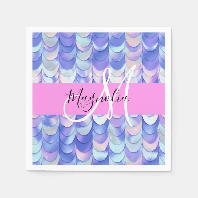 Glam Iridescent Blå Fiskfjäll Namn Monogram Pappersservett (Framsidan)