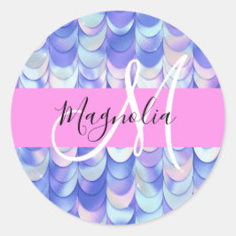 Glam Iridescent Blå Fiskfjäll Namn Monogram Runt Klistermärke