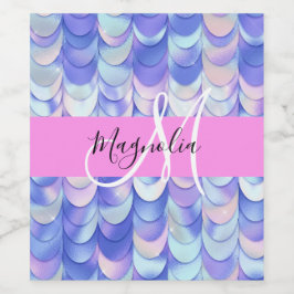 Glam Iridescent Blå Fiskfjäll Namn Monogram Vinflaska Etikett