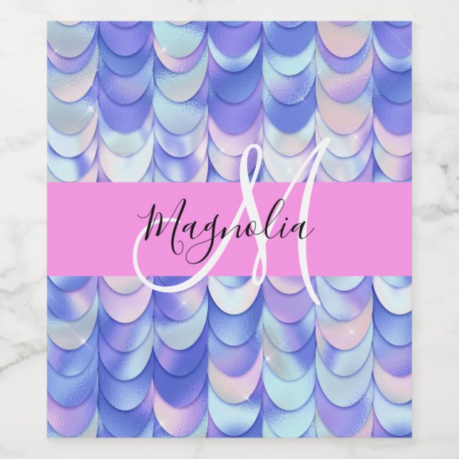 Glam Iridescent Blå Fiskfjäll Namn Monogram Vinflaska Etikett (Singel etikett)