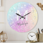 Glam Iridescent Glitter Personlig Colorful Rund Klocka<br><div class="desc">Anpassa enkelt den här eleganten färglös bokeh glitter mönster med ditt eget namn och/eller monogram.</div>