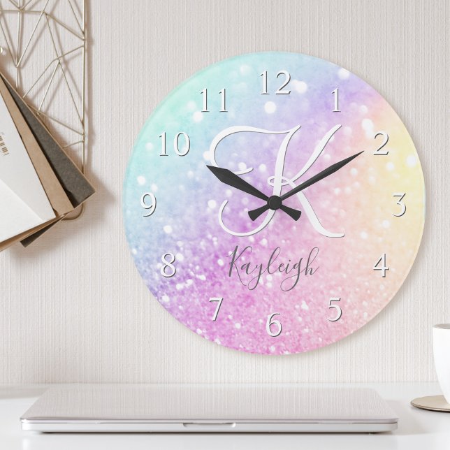Glam Iridescent Glitter Personlig Colorful Rund Klocka (Skapare uppladdad)