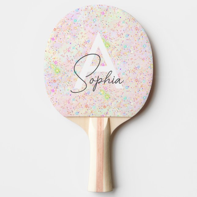 Glam Iridescent Holography Glitter Monogram Namn Pingisracket (Framsidan)