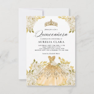 Glam Ivory Guld Dress Blommigt 15th Quinceañera Anteckningskort