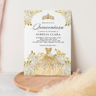 Glam Ivory Guld Dress Blommigt 15th Quinceañera Inbjudningar