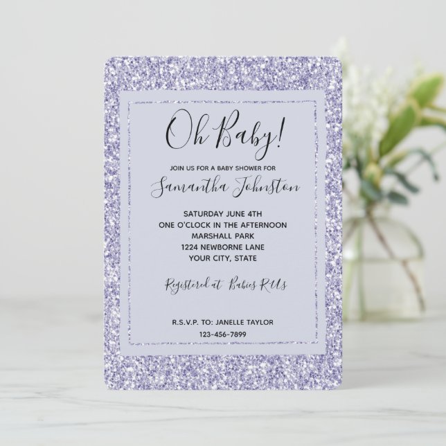 Glam Lavender Lilac Lila Glitter Baby Shower Inbjudningar (Stående Fram)