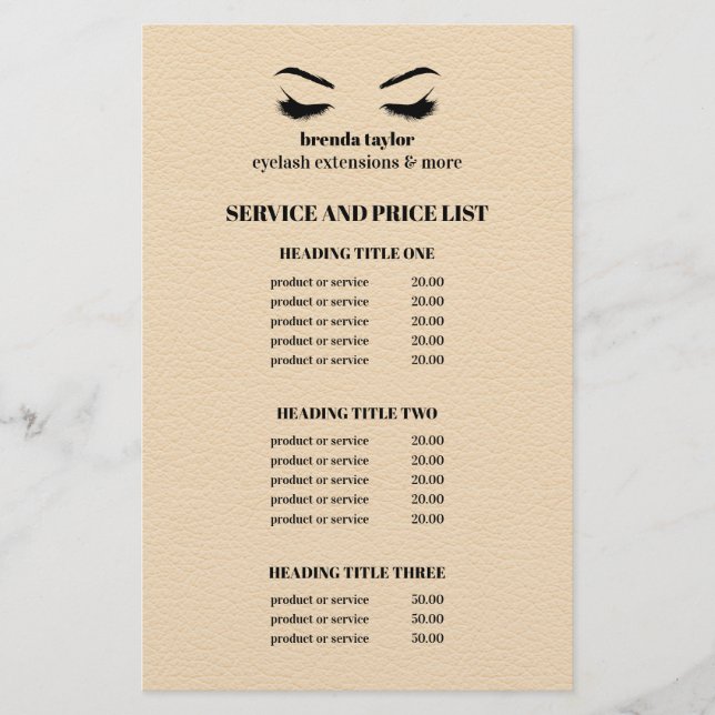 Glam LEATHER BEIGE EYELASH SALON SERVICE LIST Flygblad (Framsidan)
