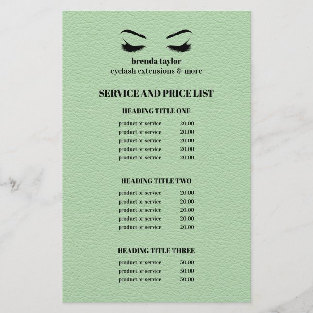 Glam LEATHER GRÖNT EYELASH SALON SERVICE LIST Flygblad (Framsidan)