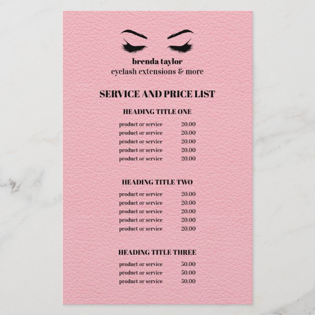 Glam LEATHER rosa EYELASH SALON SERVICE LIST Flygblad (Framsidan)