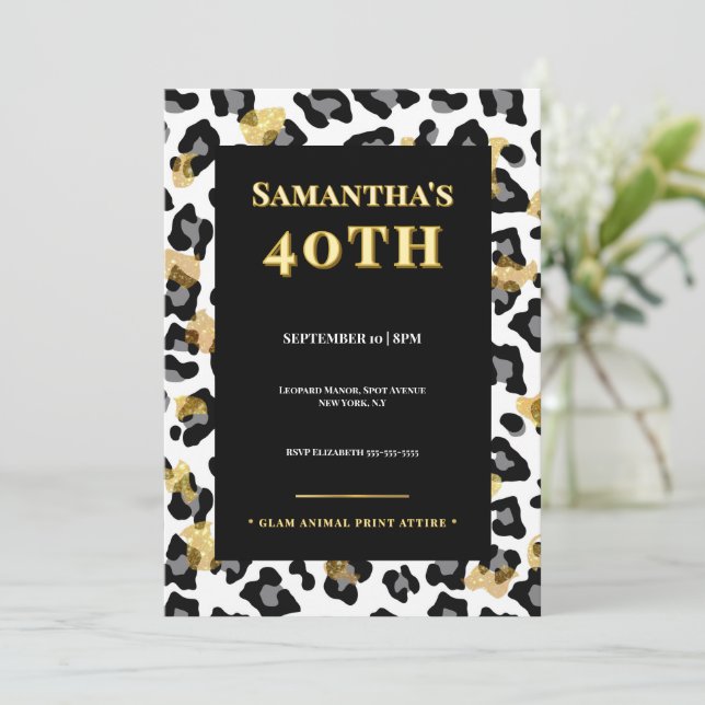 Glam Leopard 40th Birthday Invitation Gold Black Inbjudningar (Stående Fram)