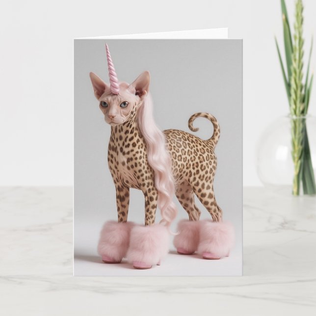 Glam Leopard Enhörning Katt i Rosa Päls Klackar    Kort (Framsida)