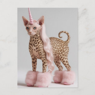 Glam Leopard Enhörning Katt i Rosa Päls Klackar Vykort