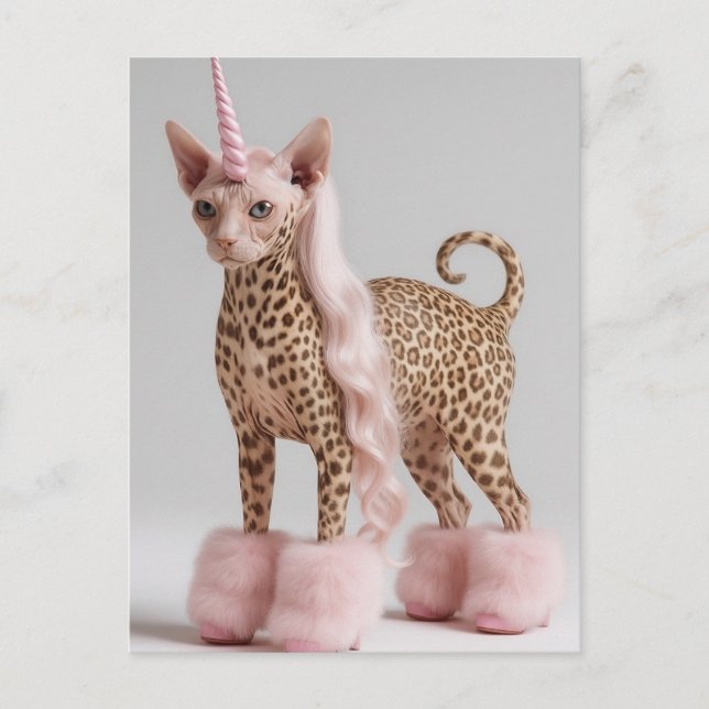 Glam Leopard Enhörning Katt i Rosa Päls Klackar    Vykort (Framsida)