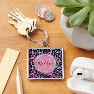 Glam Leopard Rosa och Lila Monogram Fyrkantig Silverfärgad Nyckelring