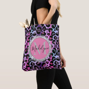 Glam Leopard Rosa och Lila Monogram Glitter Tygkasse