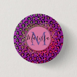 Glam Leopard Rosa och Lila Monogram Knapp