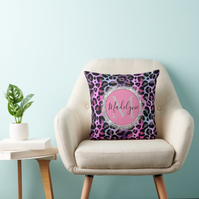 Glam Leopard Rosa och Lila Monogram Kudde (Stol)