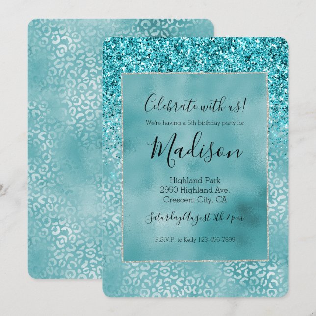 Glam Leopard Skriv ut på Aqua Teal Turcos Glam Leo Inbjudningar (Fram/baksida)