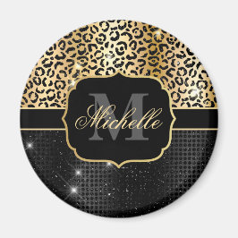 Glam Leopard Spots & Dots vid Black & Guld Glitter Magnet