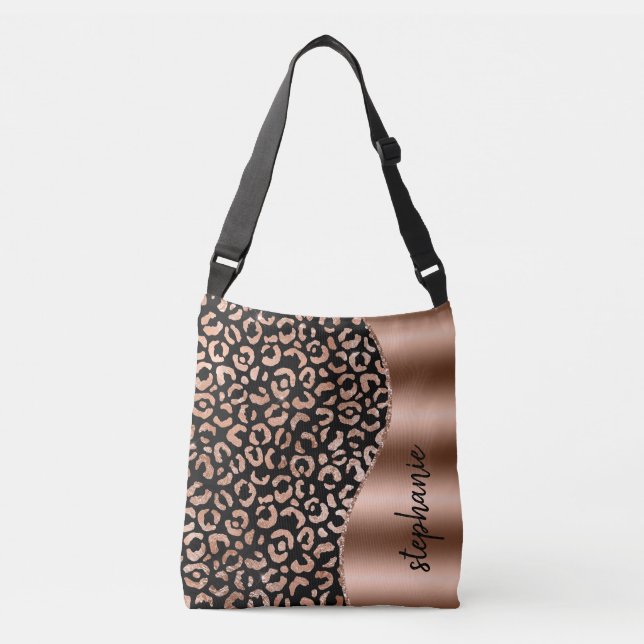 Glam Leopardsminkar Rosa Guld Svart Metallisk Namn Axelväska (Framsida)