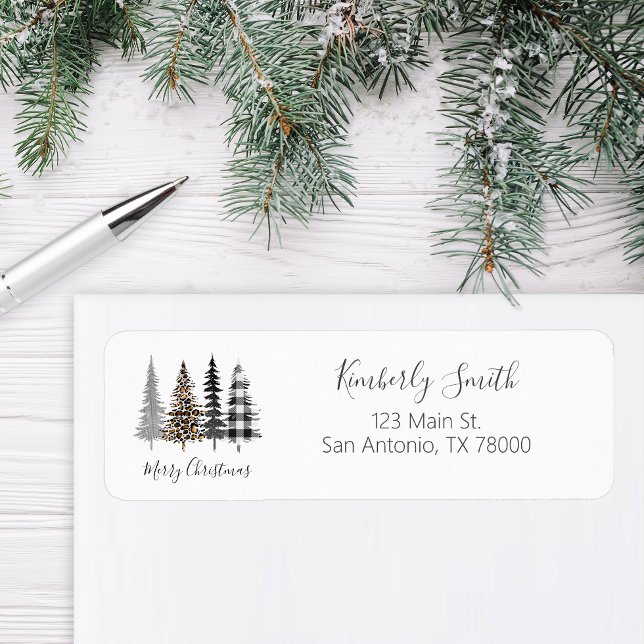 Glam Leoprint och Rutig Juladress Returadress Etikett (Modern Farmhouse Return Address Sticker)
