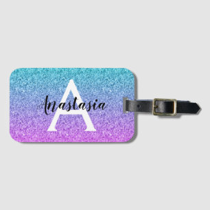 Glam Lila Aqua Glitter Gnistra Gradient Monogram Bagagebricka