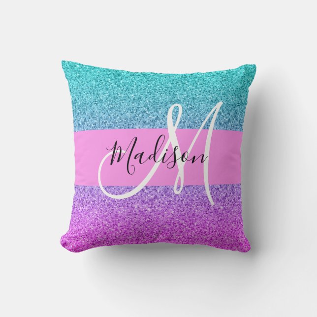 Glam Lila Aqua Glitter Gnistra Gradient Monogram Kudde (Framsida)