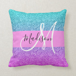 Glam Lila Aqua Glitter Gnistra Gradient Monogram Kudde