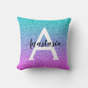 Glam Lila Aqua Glitter Gnistra Gradient Monogram Kudde