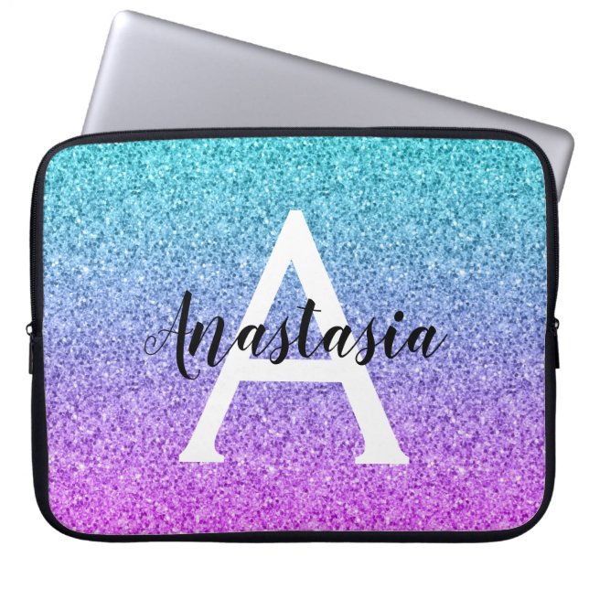 Glam Lila Aqua Glitter Gnistra Gradient Monogram Laptop Fodral (Framsidan)