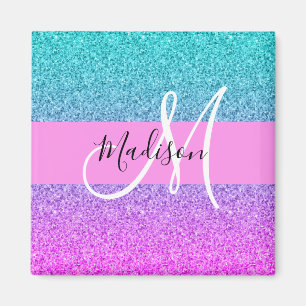 Glam Lila Aqua Glitter Gnistra Gradient Monogram Magnet
