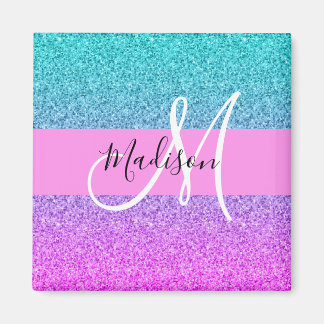 Glam Lila Aqua Glitter Gnistra Gradient Monogram Magnet