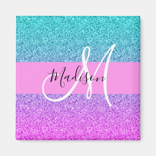 Glam Lila Aqua Glitter Gnistra Gradient Monogram Magnet (Framsidan)
