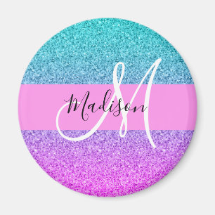 Glam Lila Aqua Glitter Gnistra Gradient Monogram Magnet