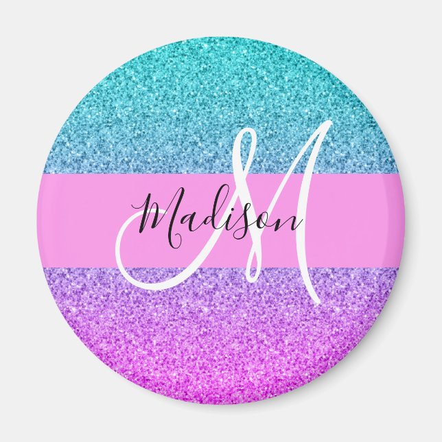 Glam Lila Aqua Glitter Gnistra Gradient Monogram Magnet (Framsidan)
